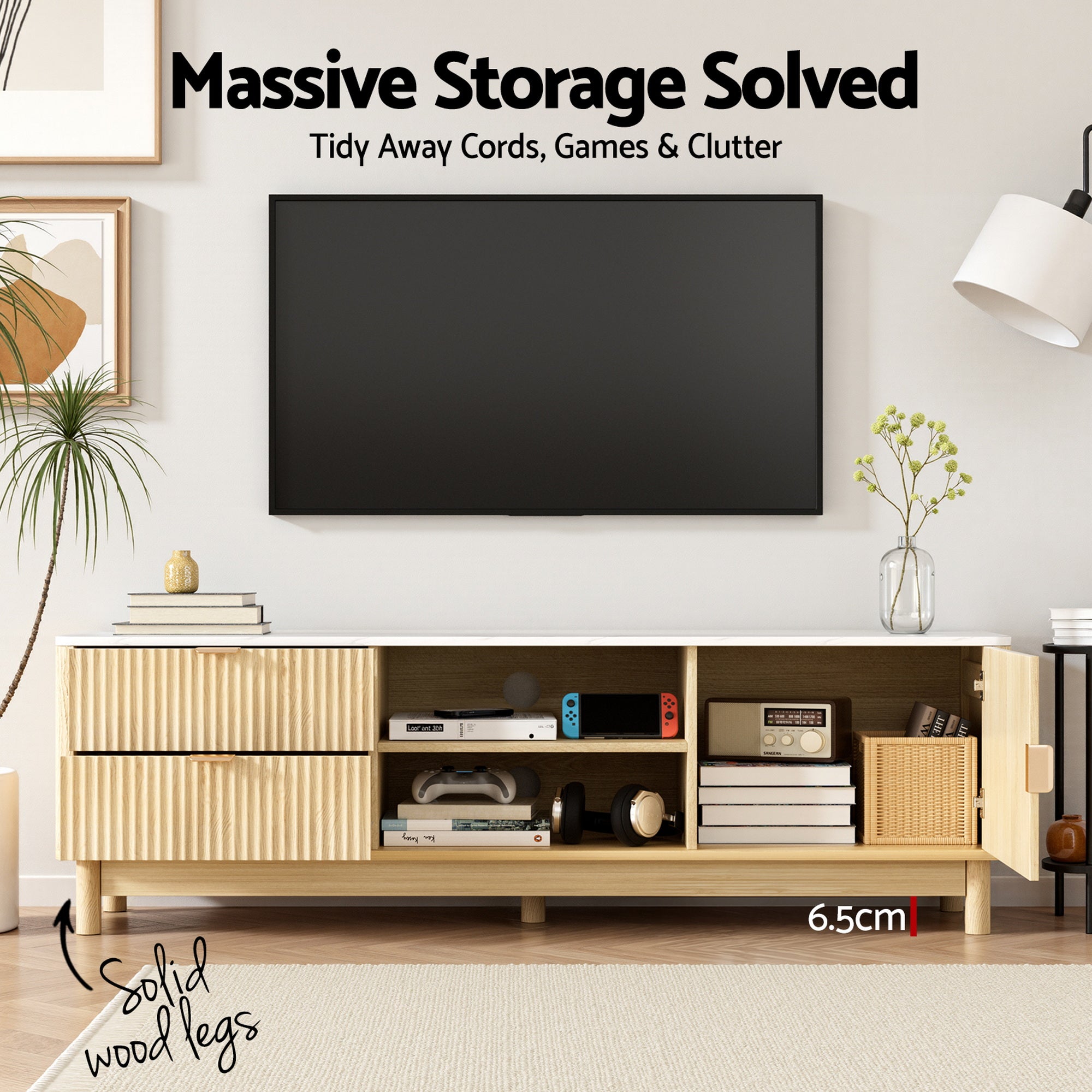 Marble Effect TV Unit & Coffee Table Set - White & Oak - Homecoze