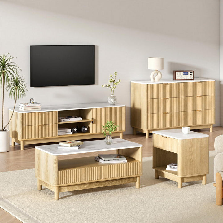 Marble Effect TV Unit & Coffee Table Set - White & Oak