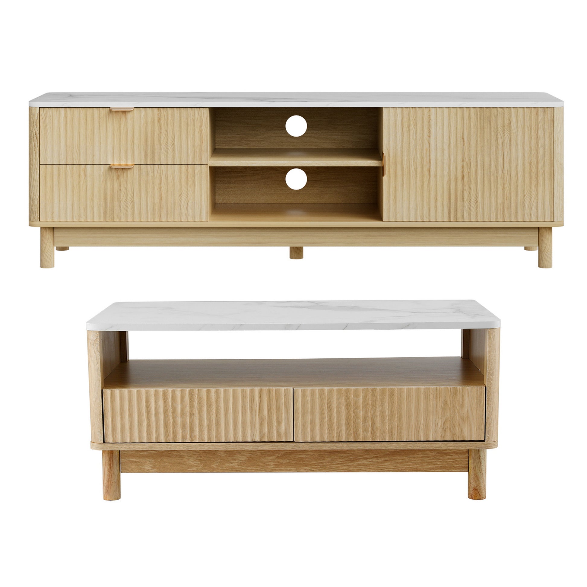 Marble Effect TV Unit & Coffee Table Set - White & Oak - Homecoze