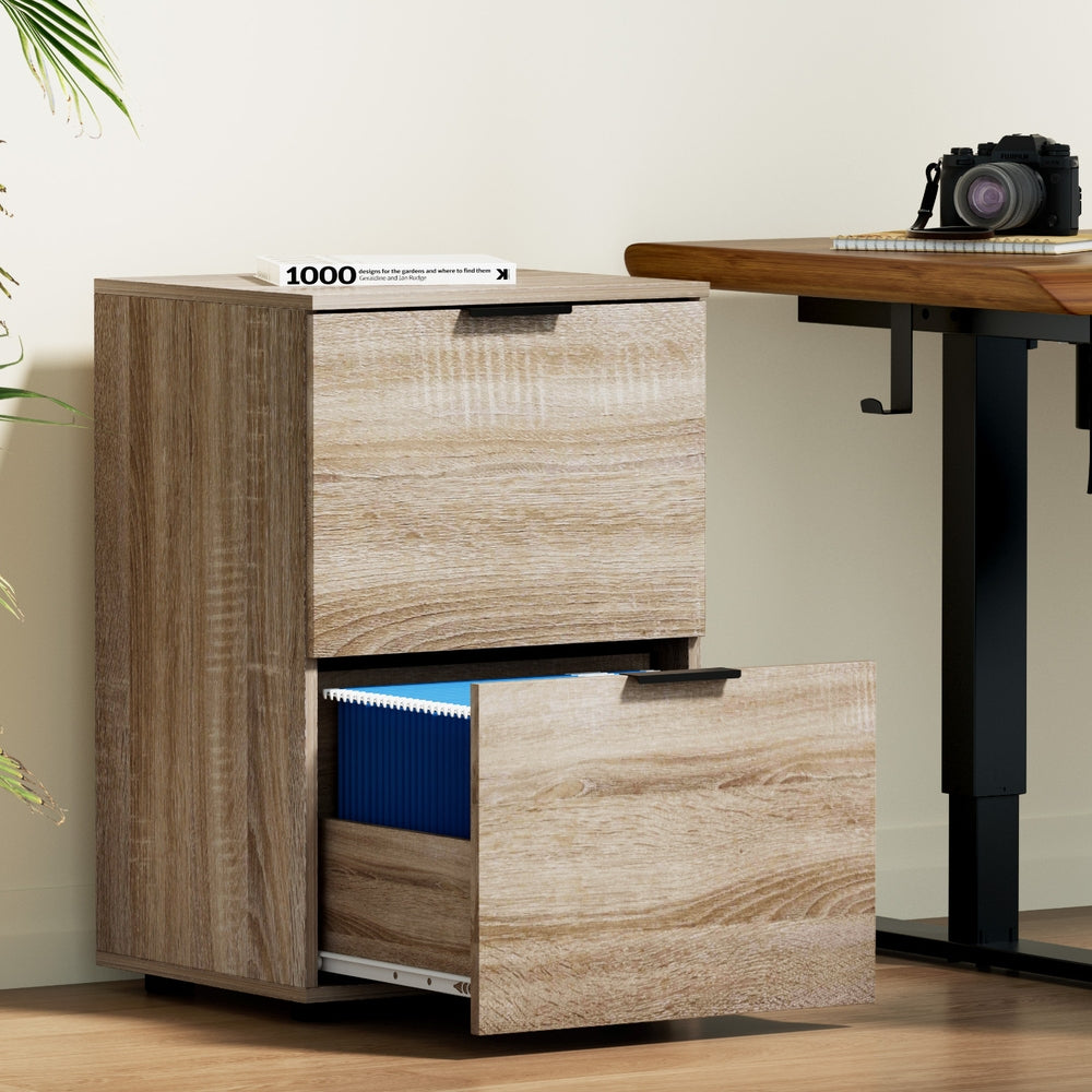 Artiss Filing Cabinet Files Storage Office Shelves File Organiser Oak 2 Drawer - Homecoze