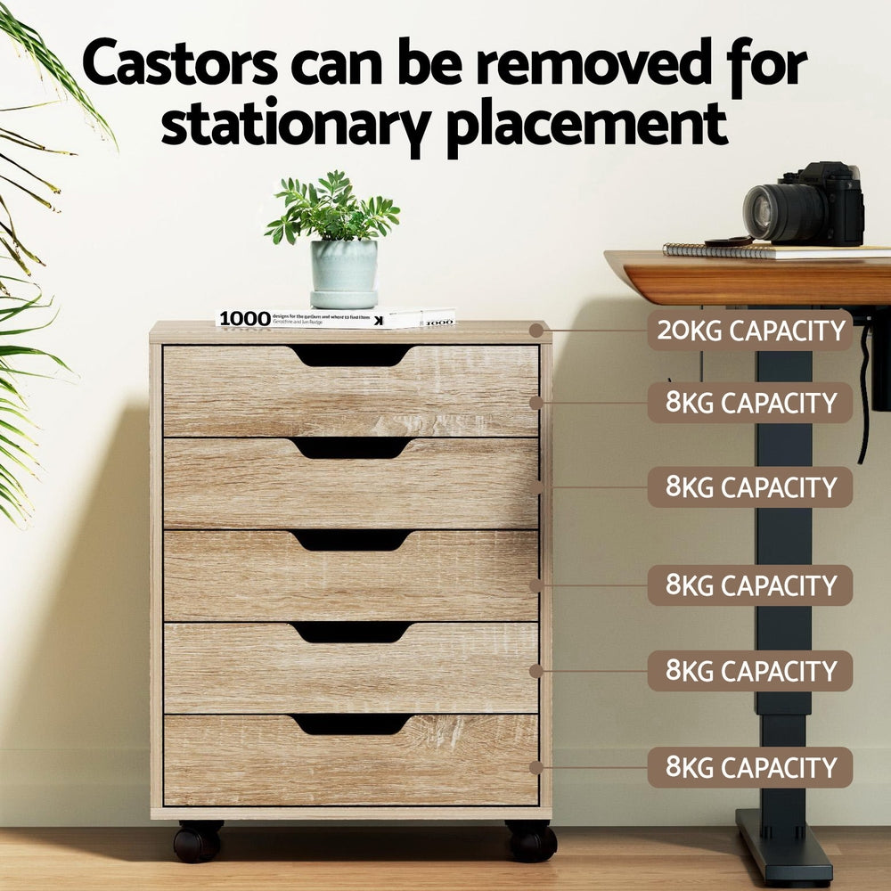 5-Drawer Mobile Office Document Filing Cabinet - Oak - Homecoze