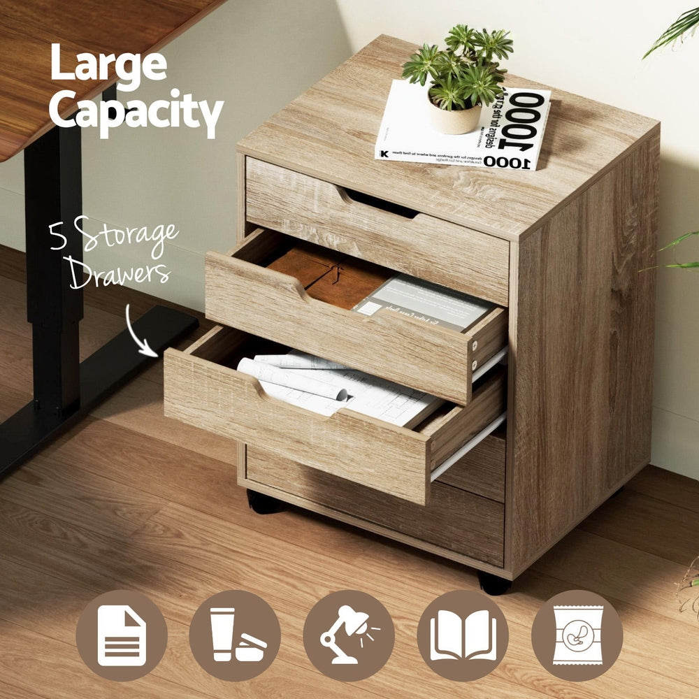 5-Drawer Mobile Office Document Filing Cabinet - Oak - Homecoze