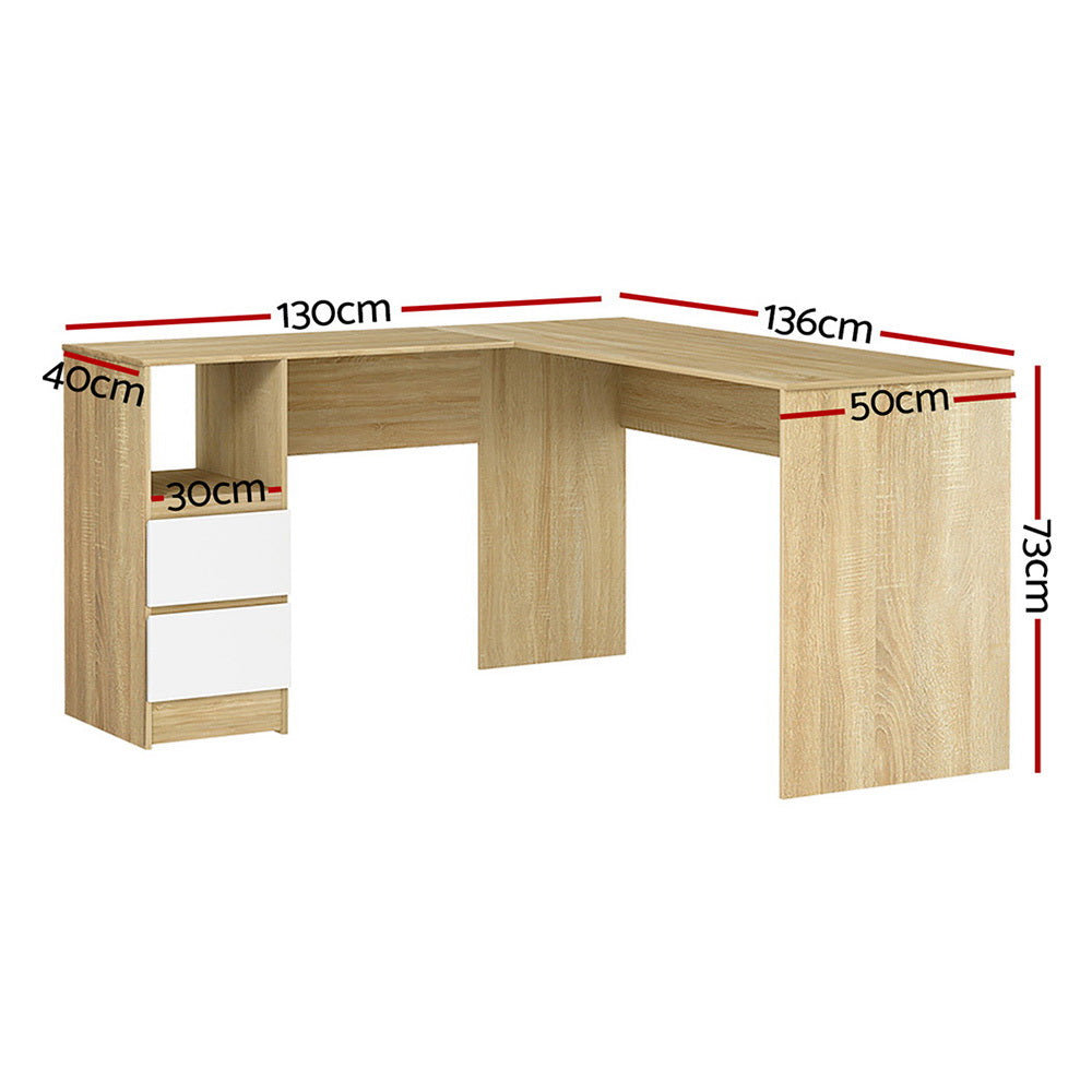 L-Shape Corner Office Computer Desk Workstation with Drawers - Oak & White - Homecoze