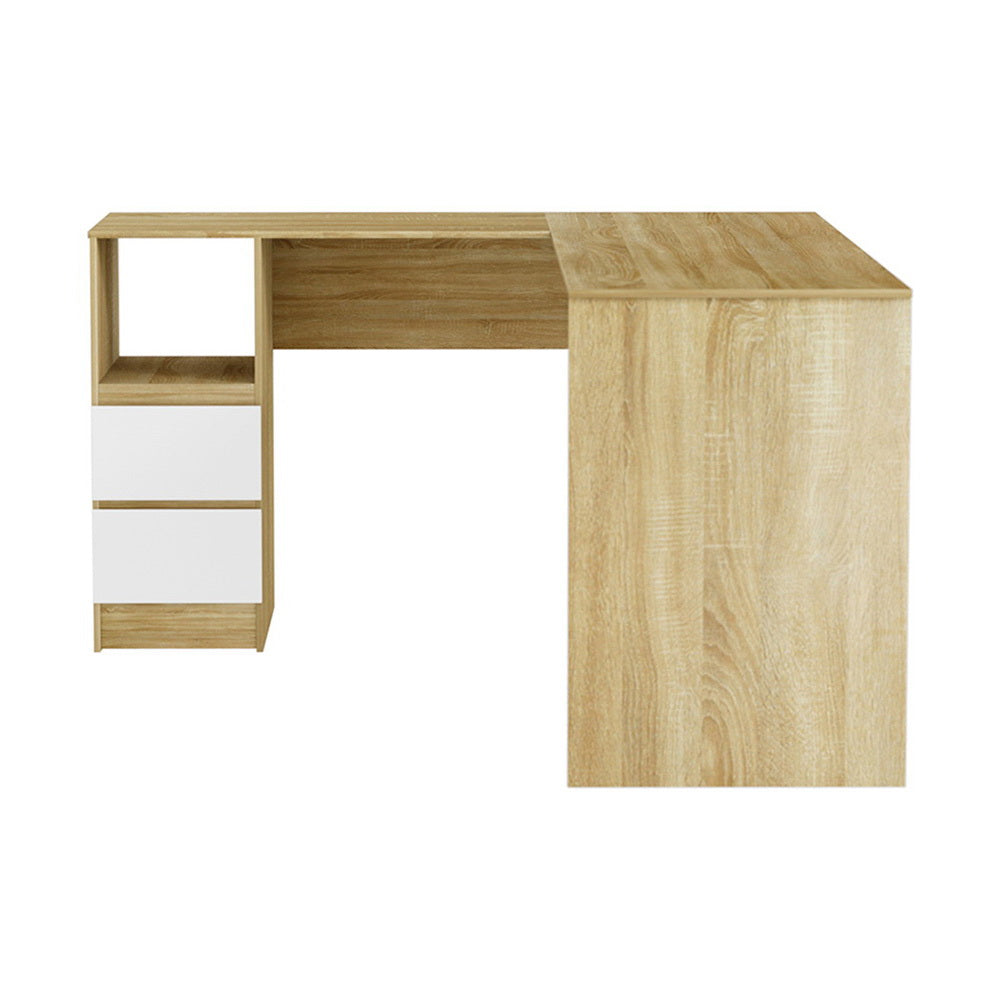 L-Shape Corner Office Computer Desk Workstation with Drawers - Oak & White - Homecoze
