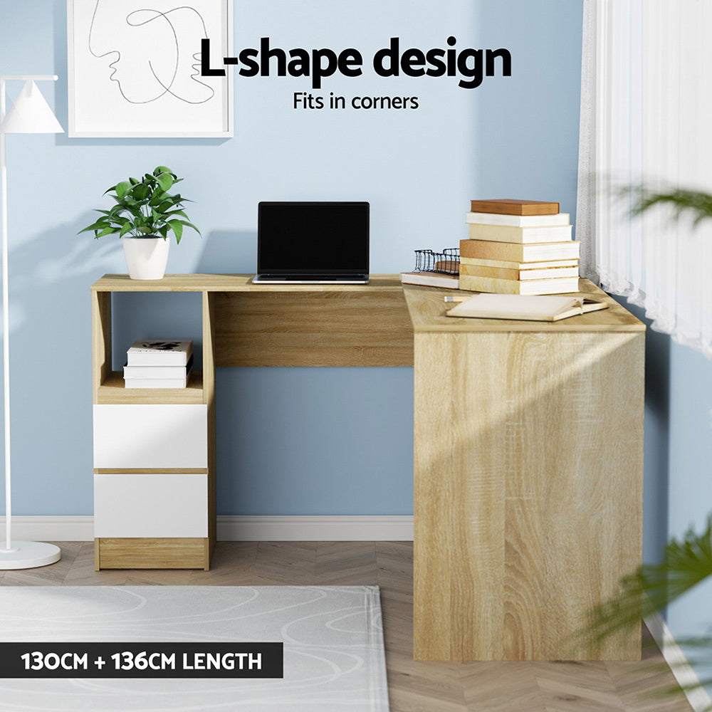 L-Shape Corner Office Computer Desk Workstation with Drawers - Oak & White - Homecoze