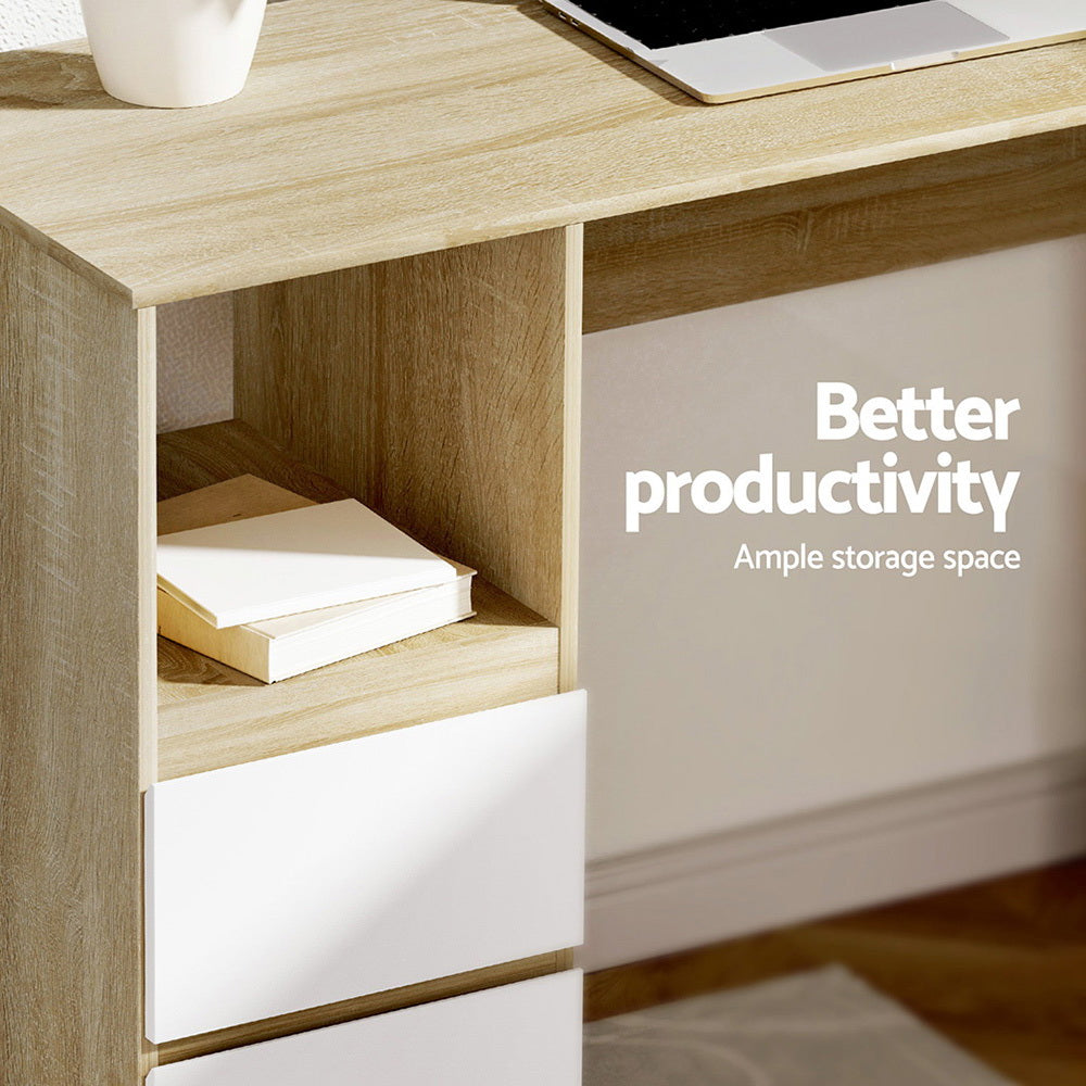 L-Shape Corner Office Computer Desk Workstation with Drawers - Oak & White - Homecoze