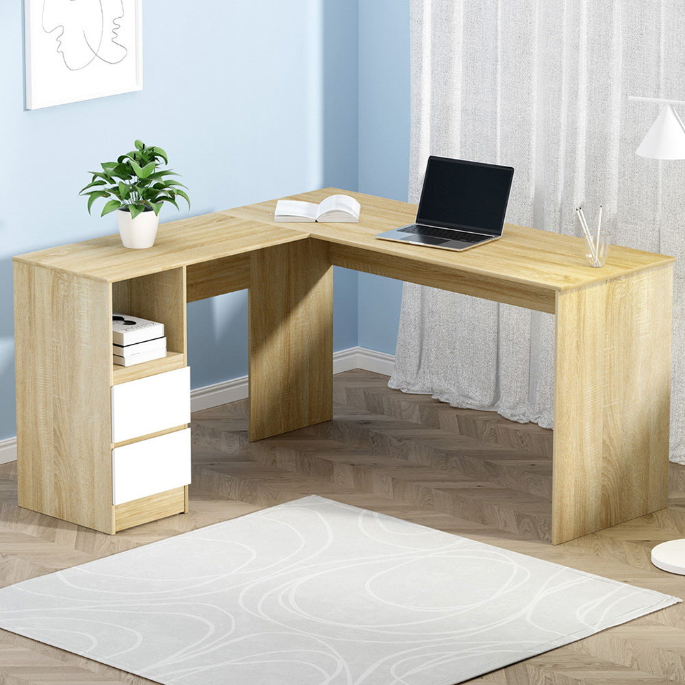 L-Shape Corner Office Computer Desk Workstation with Drawers - Oak & White - Homecoze