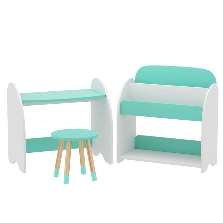 Kids 2-In-1 Table & Chair Bookshelf Set - White & Green - Homecoze