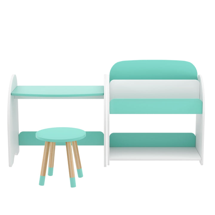 Kids 2-In-1 Table & Chair Bookshelf Set - White & Green - Homecoze