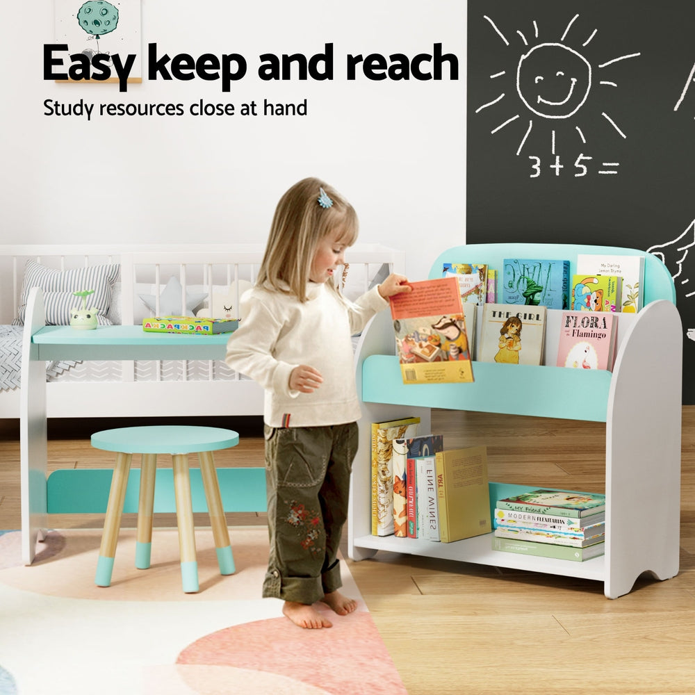 Kids 2-In-1 Table & Chair Bookshelf Set - White & Green - Homecoze