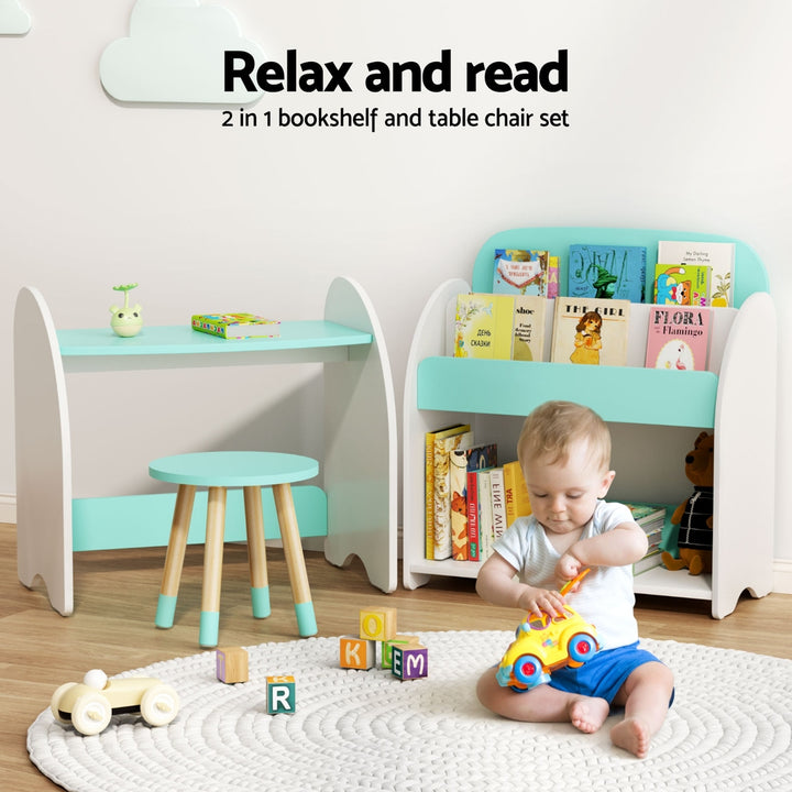 Kids 2-In-1 Table & Chair Bookshelf Set - White & Green - Homecoze
