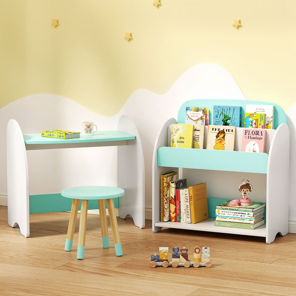 Kids 2-In-1 Table & Chair Bookshelf Set - White & Green - Homecoze
