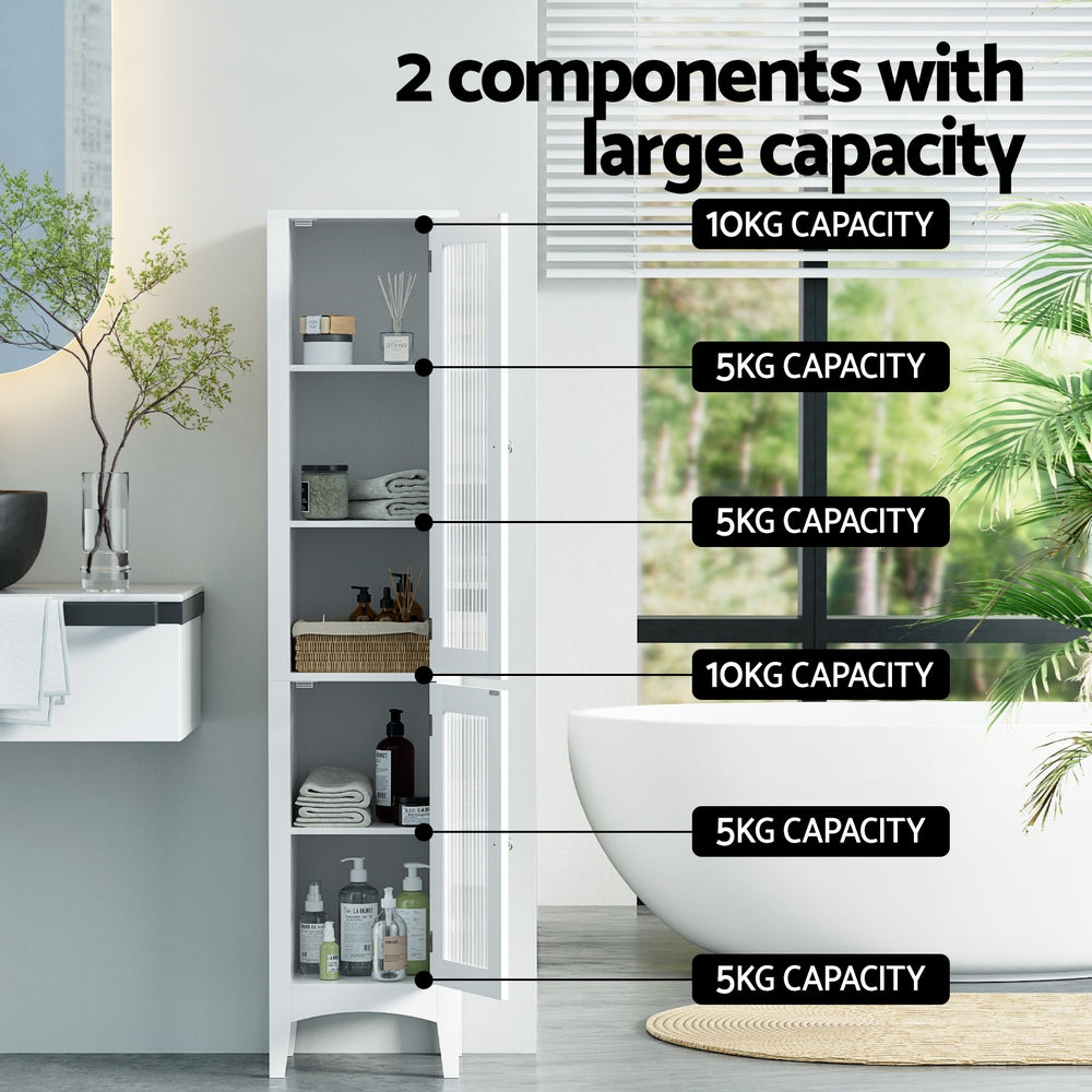 Artiss Bathroom Storage Cabinet 160cm Tall Slim Floor Cupboard Toilet Glass Door White - Homecoze