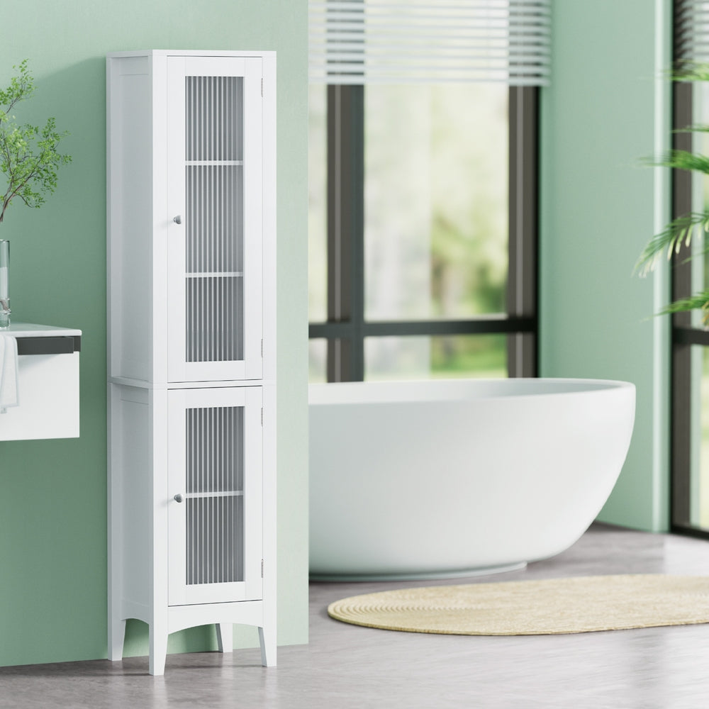 Artiss Bathroom Storage Cabinet 160cm Tall Slim Floor Cupboard Toilet Glass Door White - Homecoze