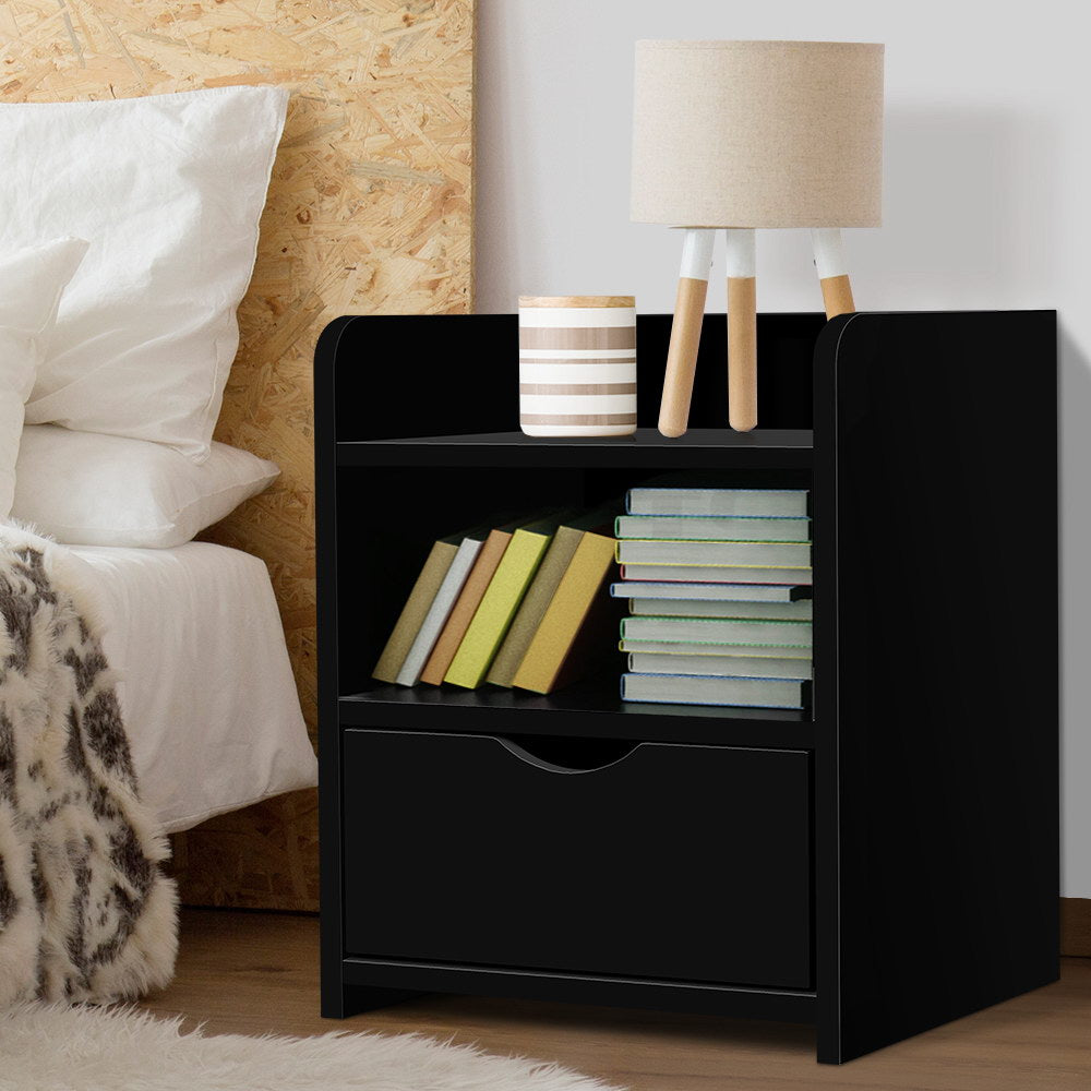 Jace Bedside Table 1 Drawer with Shelves – Black - Homecoze