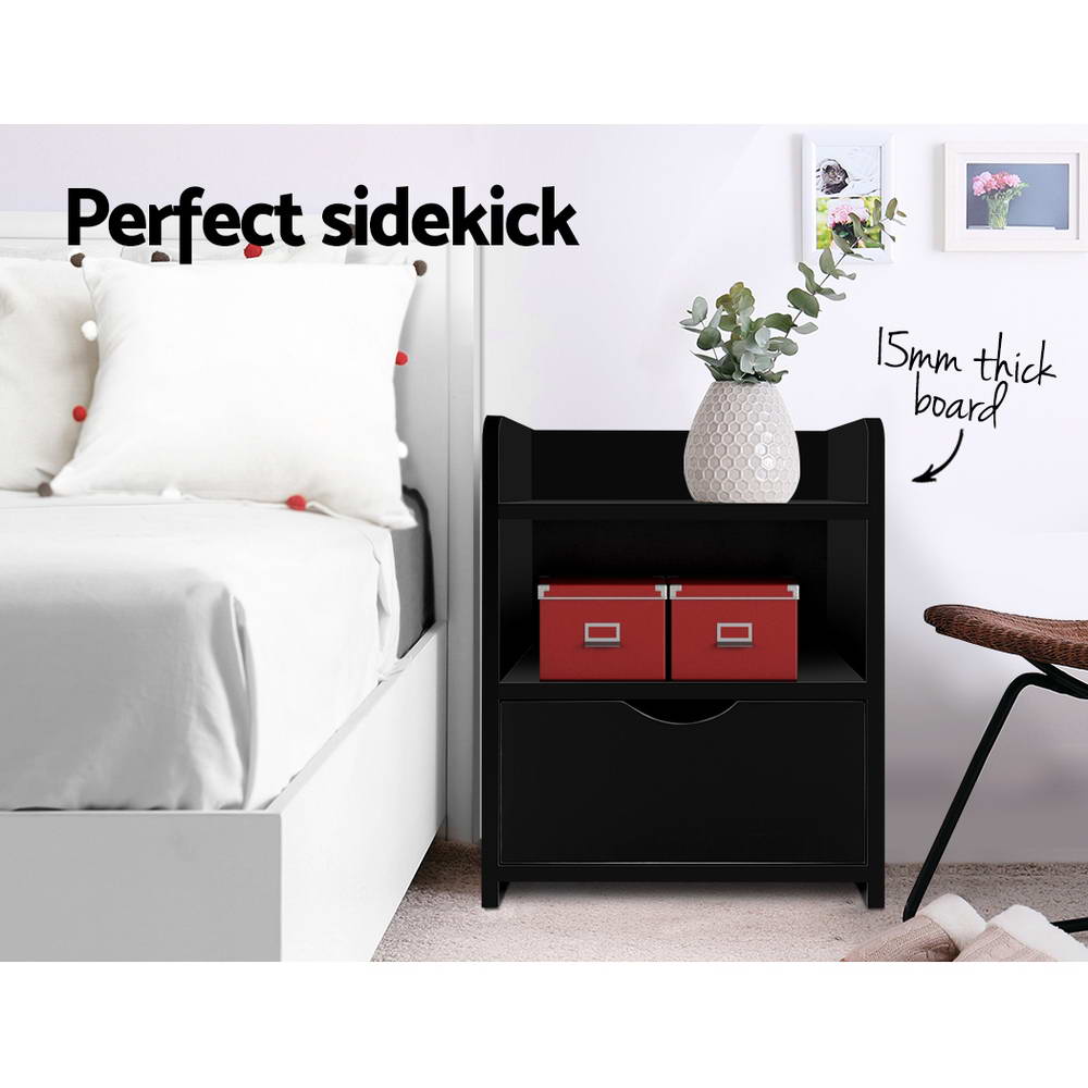 Jace Bedside Table 1 Drawer with Shelves – Black - Homecoze