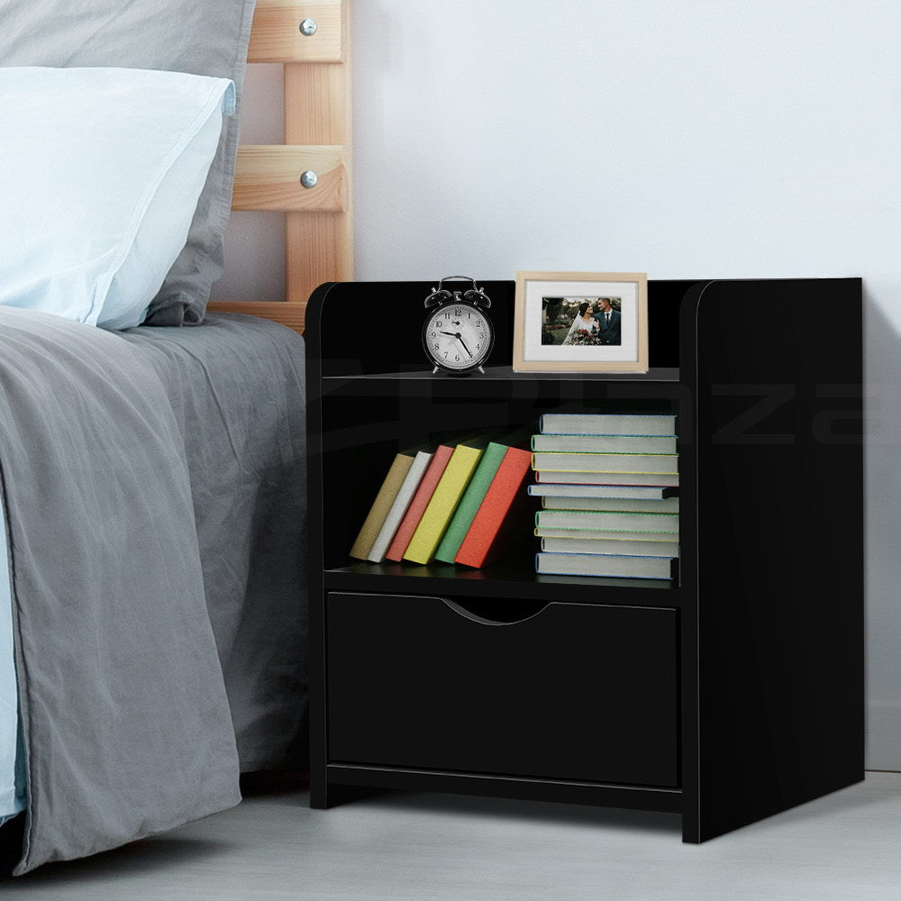 Jace (Set of 2) Bedside Tables 1 Drawer with Shelves – Black - Homecoze
