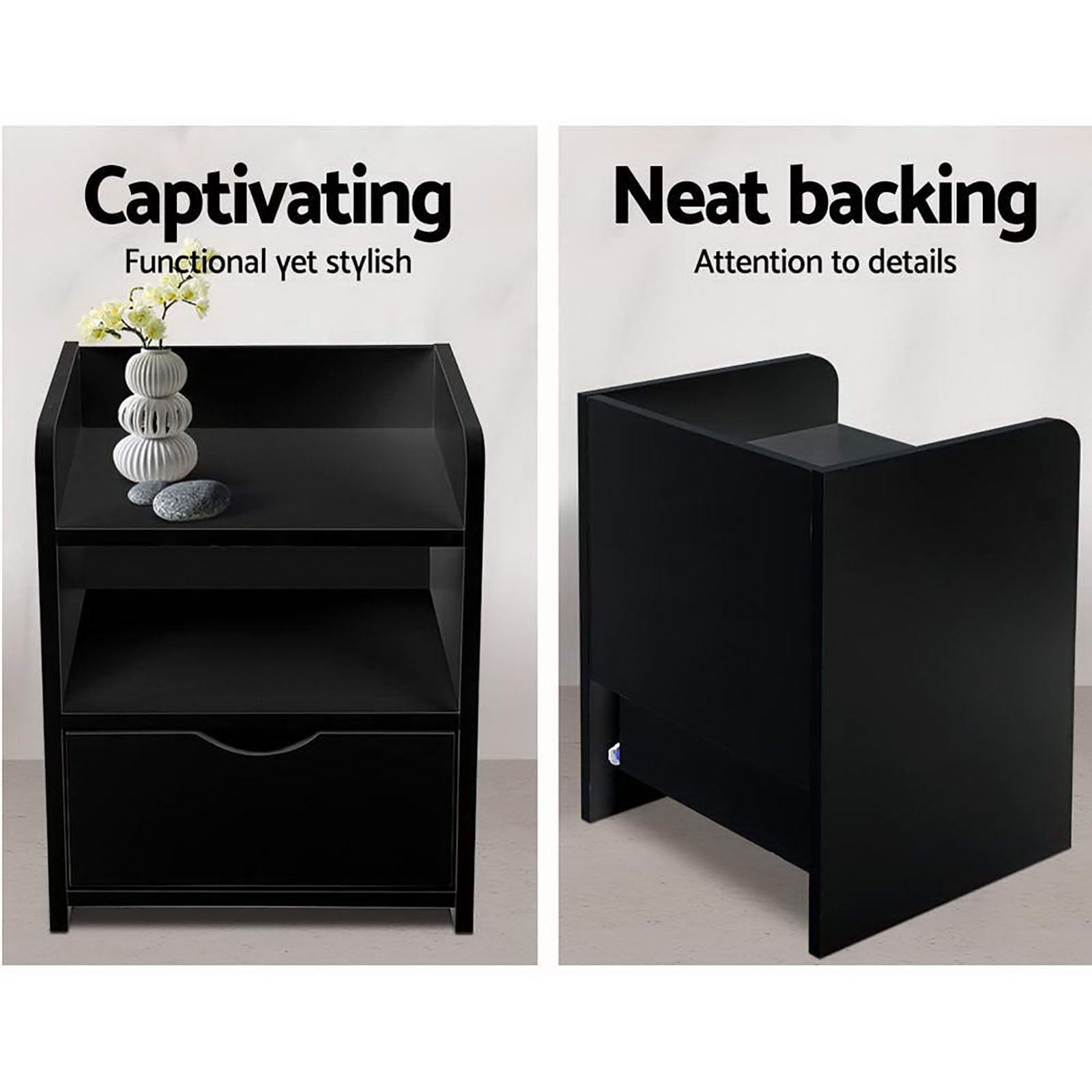 Artiss 2X Bedside Table 1 Drawer with Shelf - FARA Black - Homecoze