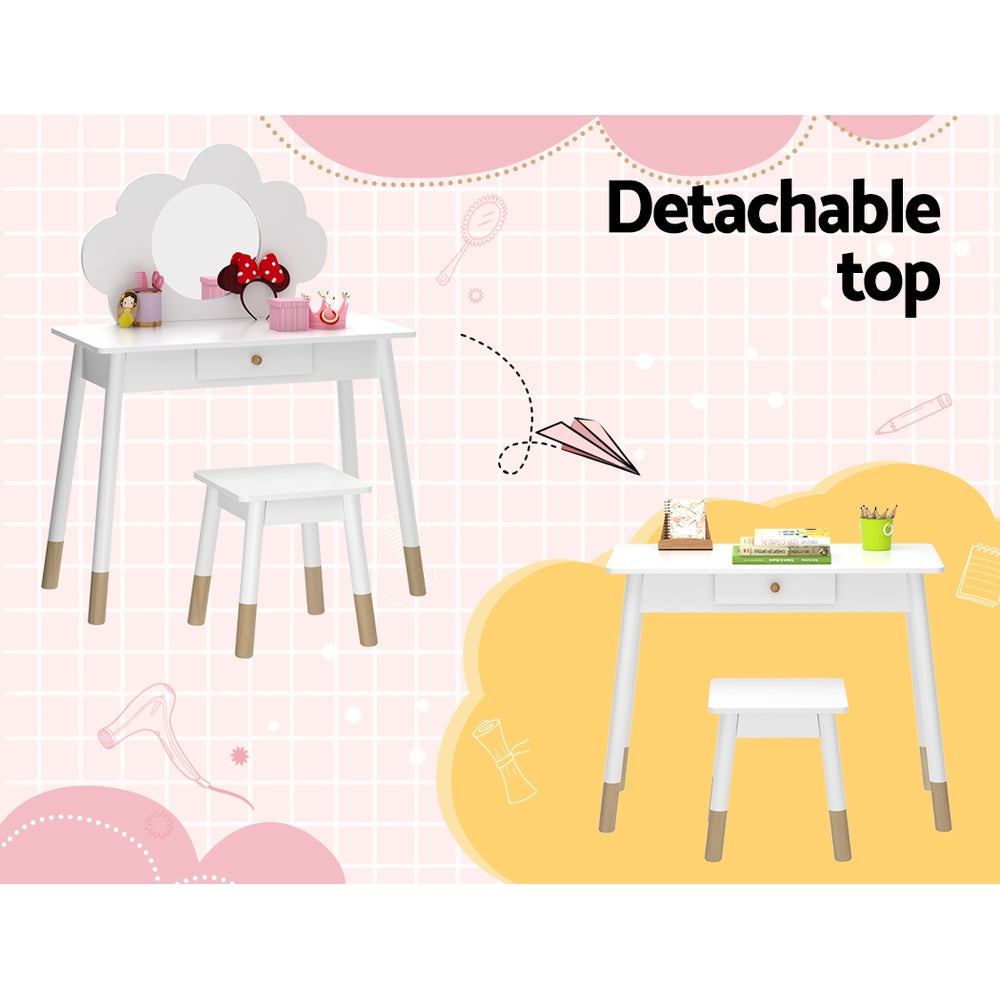 Kids Vanity Dressing Table & Stool Set with Detachable Cloud Shaped Mirror - Homecoze