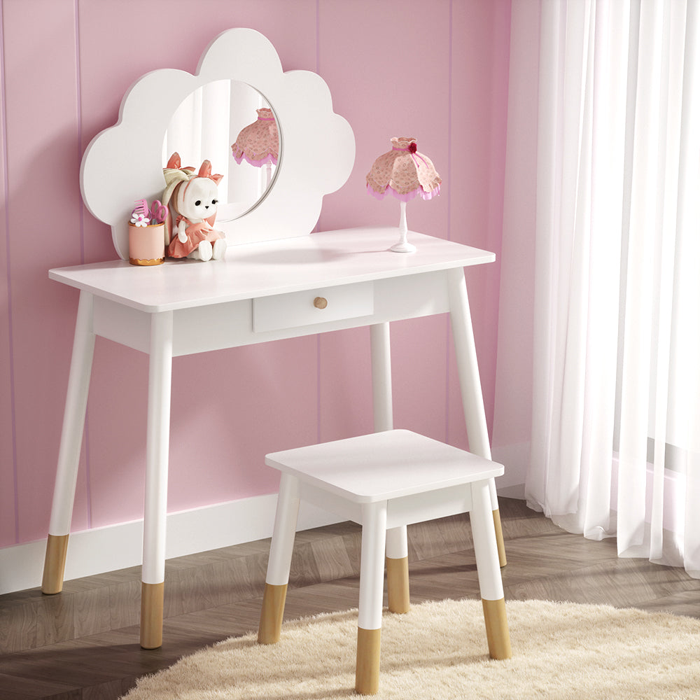 Kids Vanity Dressing Table & Stool Set with Detachable Cloud Shaped Mirror - Homecoze