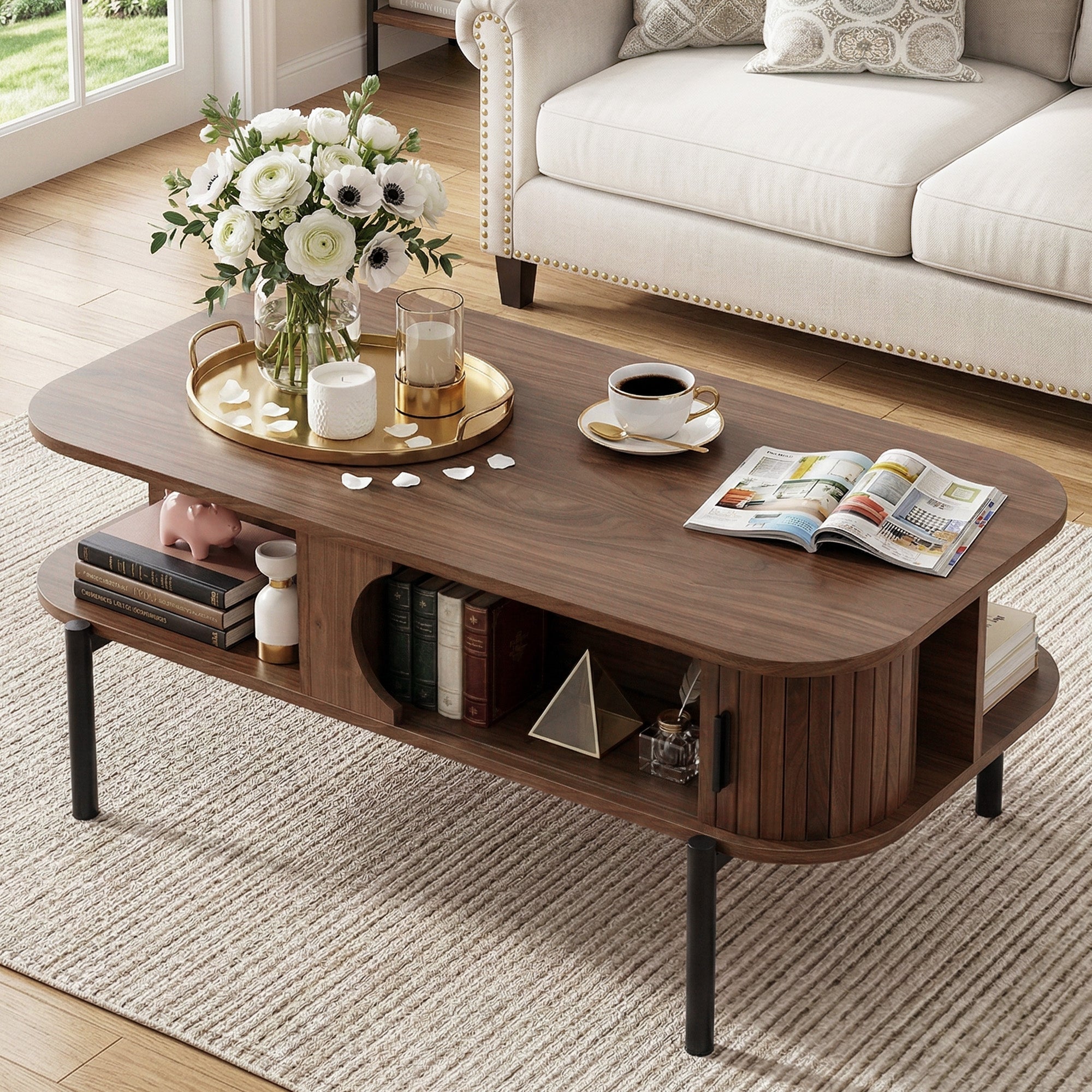 Artiss Coffee Table Living Room Center Table Shelf Cabinet Walnut - Homecoze