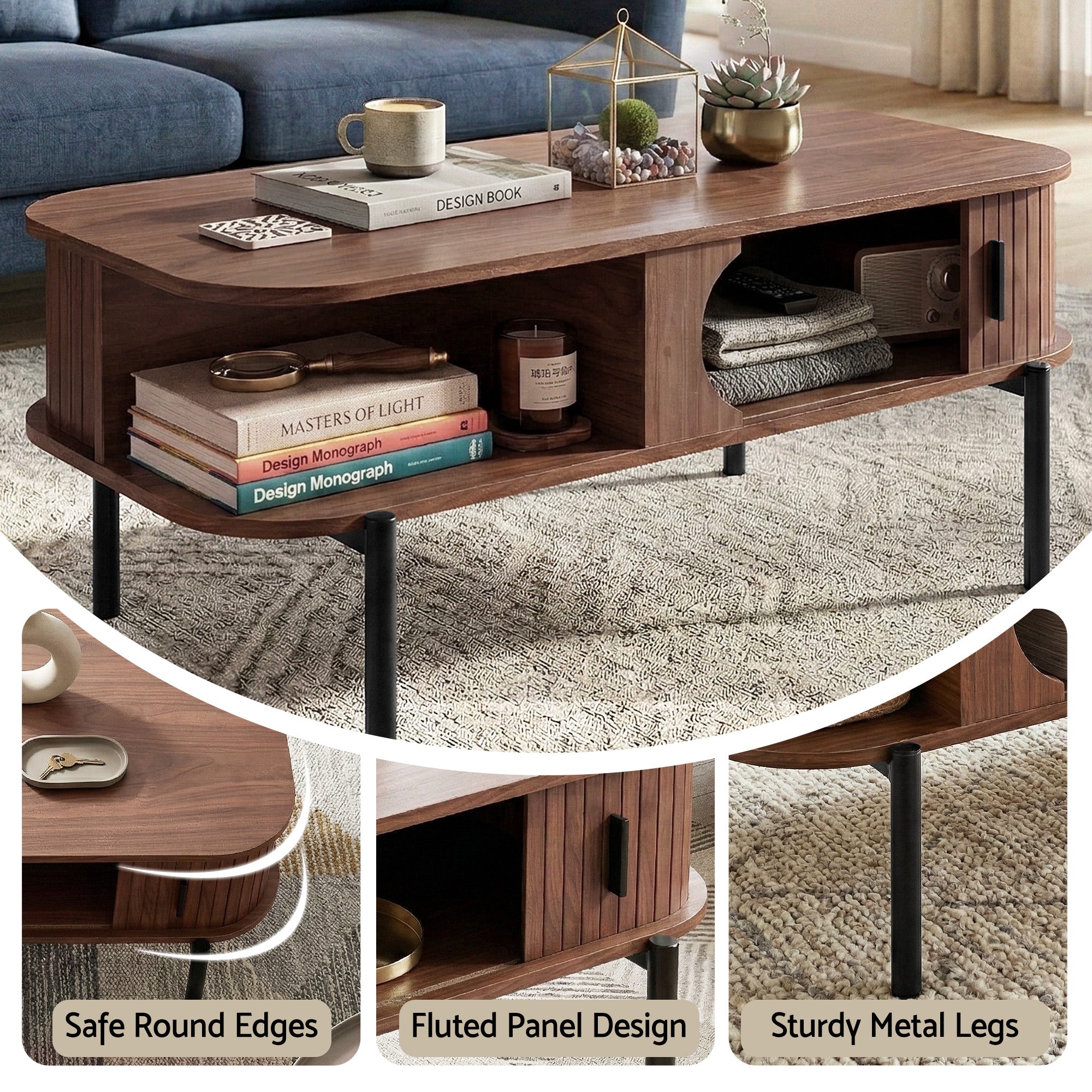 Artiss Coffee Table Living Room Center Table Shelf Cabinet Walnut - Homecoze