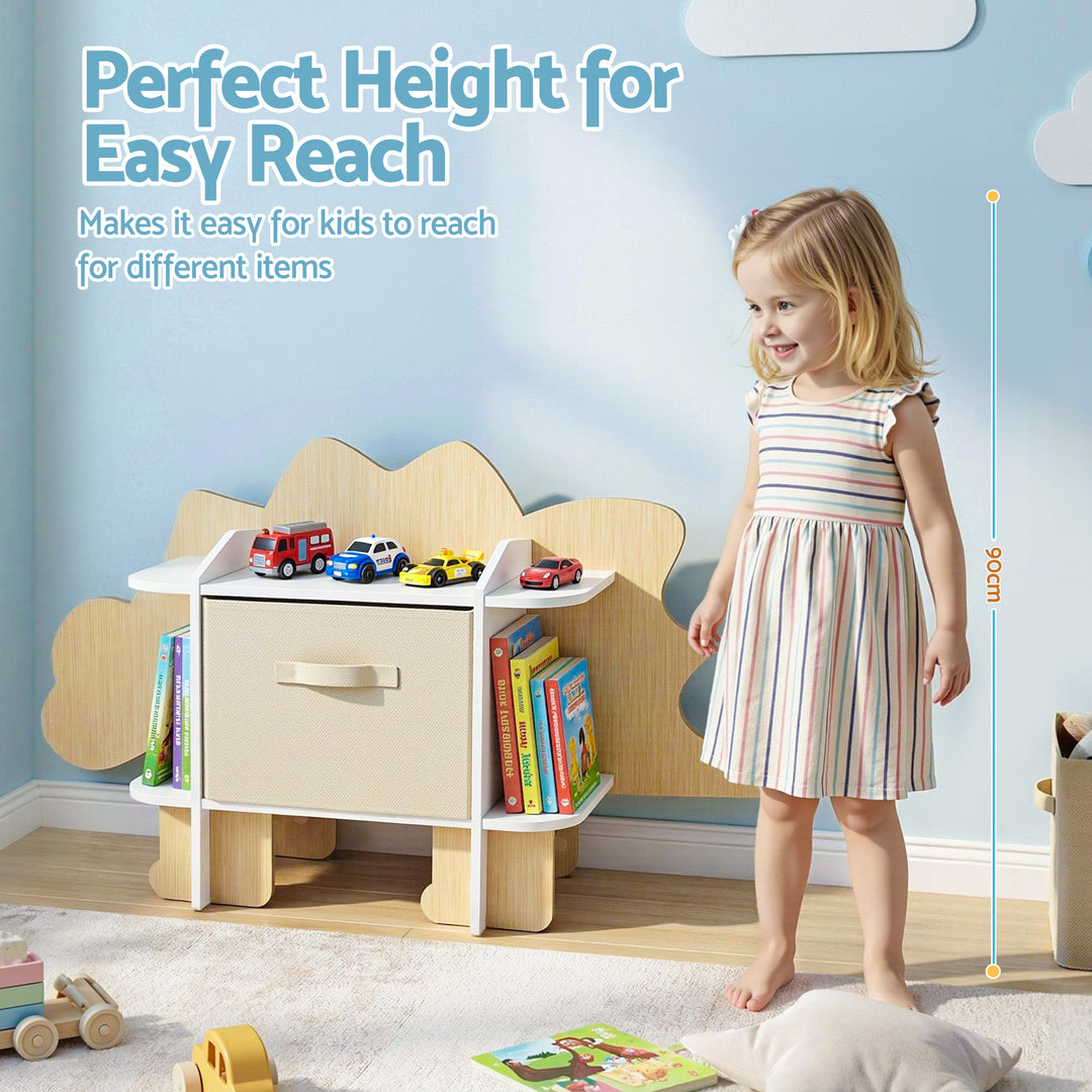 Keezi Dinosaur Kids Bookshelf 2-Tier Children's Bookcase Wooden with with Fabric Drawer, Toddler Bookshelf Toy Storage Organizer for Preschool, Kids Room, Playroom, Nursery - Homecoze