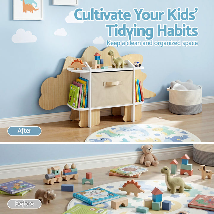 Keezi Dinosaur Kids Bookshelf 2-Tier Children's Bookcase Wooden with with Fabric Drawer, Toddler Bookshelf Toy Storage Organizer for Preschool, Kids Room, Playroom, Nursery - Homecoze