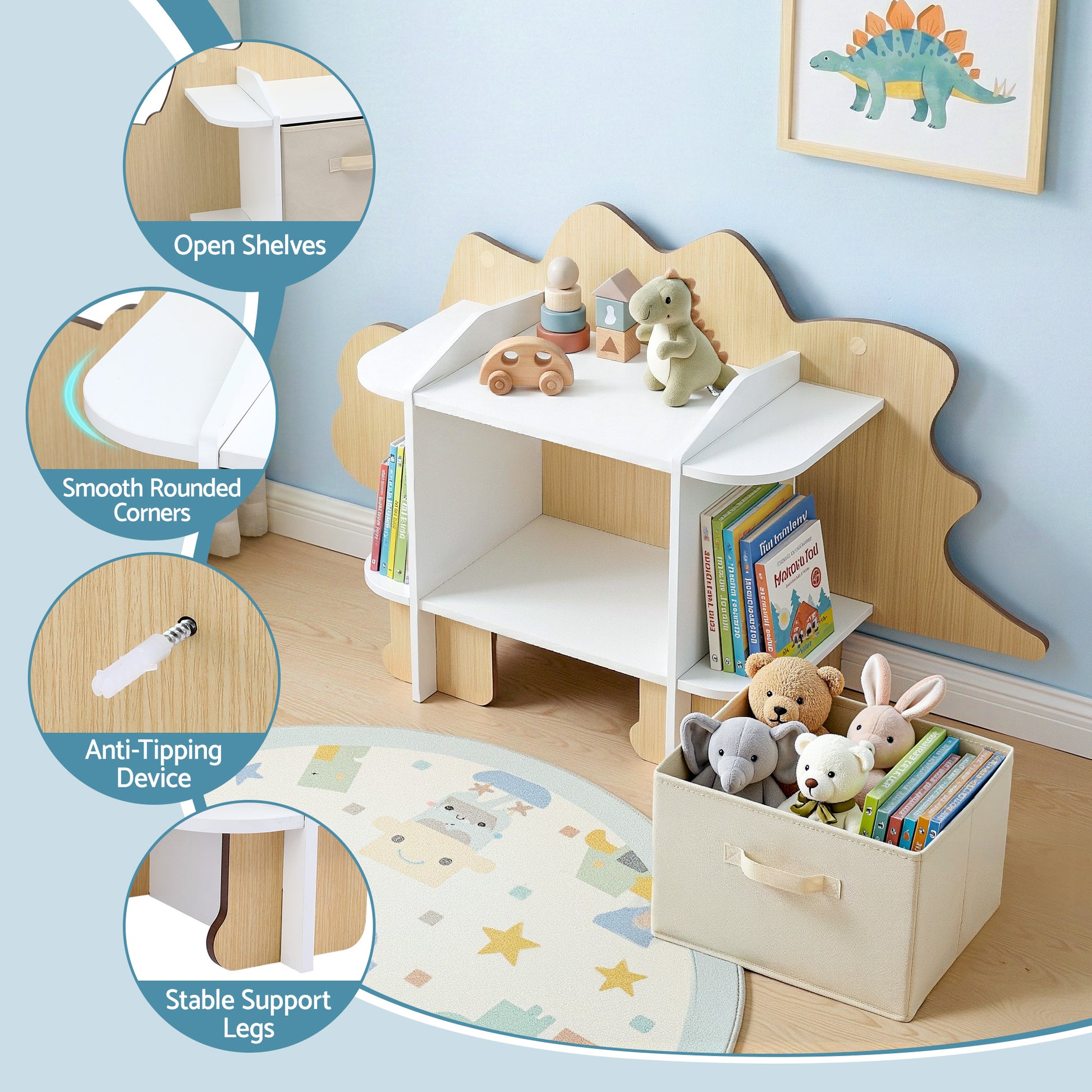 Keezi Dinosaur Kids Bookshelf 2-Tier Children's Bookcase Wooden with with Fabric Drawer, Toddler Bookshelf Toy Storage Organizer for Preschool, Kids Room, Playroom, Nursery - Homecoze