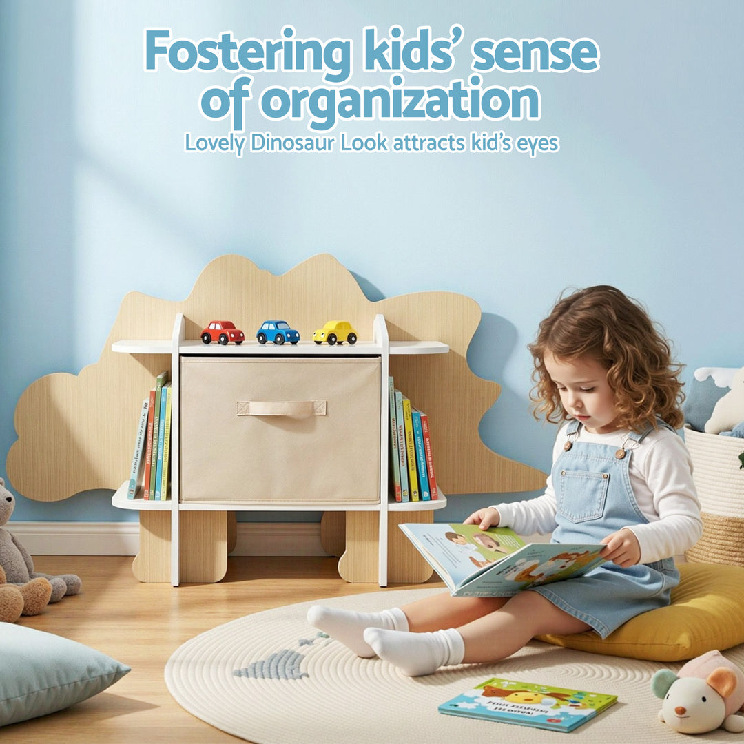 Keezi Dinosaur Kids Bookshelf 2-Tier Children's Bookcase Wooden with with Fabric Drawer, Toddler Bookshelf Toy Storage Organizer for Preschool, Kids Room, Playroom, Nursery - Homecoze