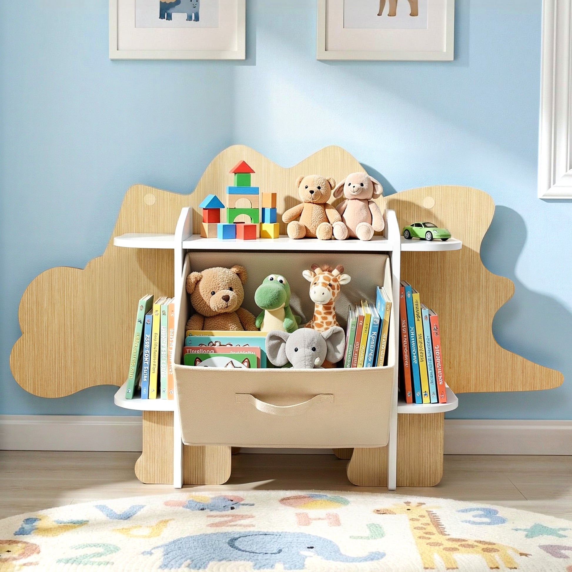 Keezi Dinosaur Kids Bookshelf 2-Tier Children's Bookcase Wooden with with Fabric Drawer, Toddler Bookshelf Toy Storage Organizer for Preschool, Kids Room, Playroom, Nursery - Homecoze