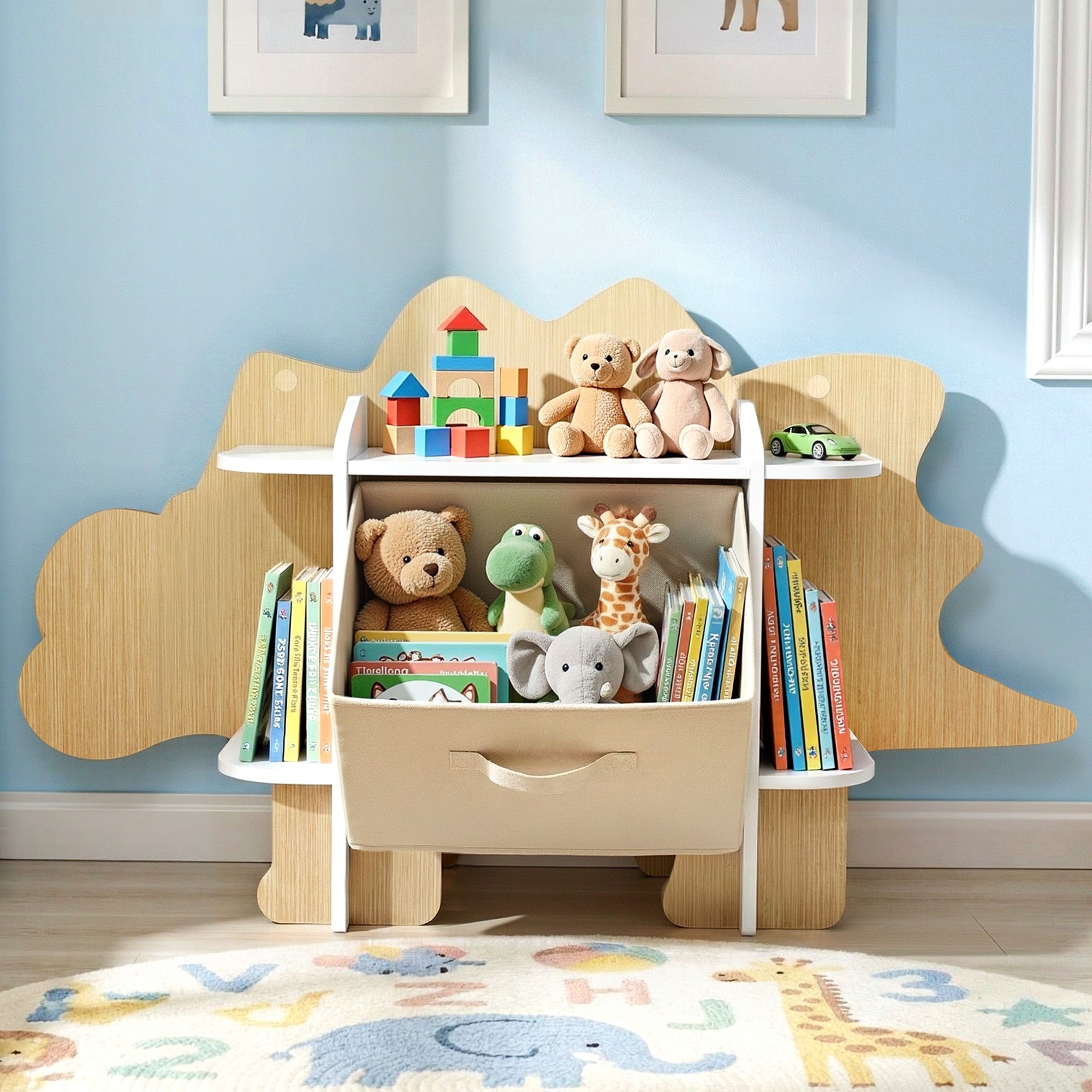 Keezi Dinosaur Kids Bookshelf 2-Tier Children's Bookcase Wooden with with Fabric Drawer, Toddler Bookshelf Toy Storage Organizer for Preschool, Kids Room, Playroom, Nursery - Homecoze