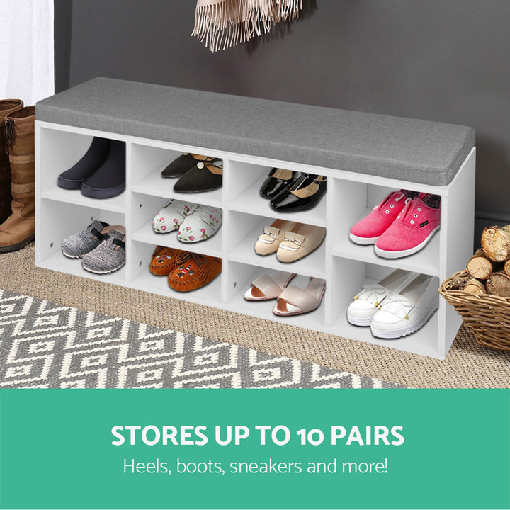 10-Slot Shoe Cabinet with Seat - White Homecoze