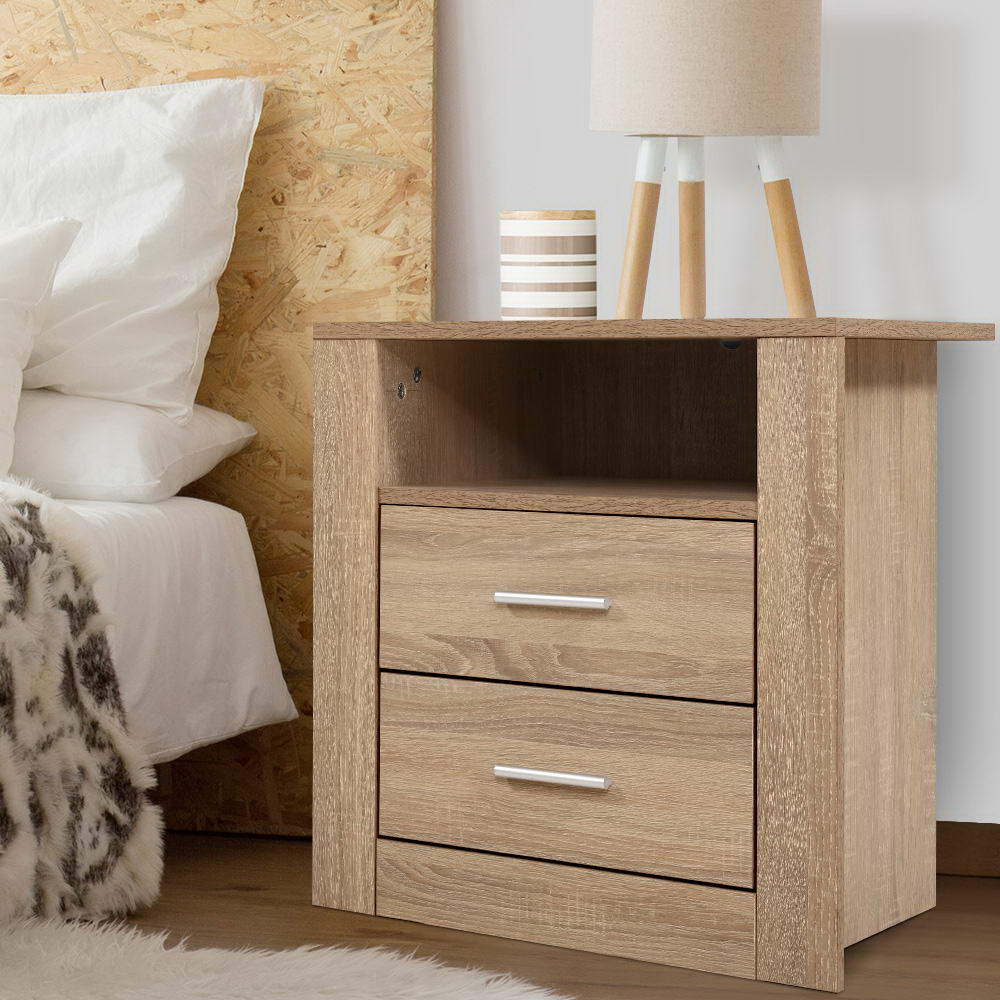 Bedside Table with Storage Shelf & Drawers - Oak - Homecoze