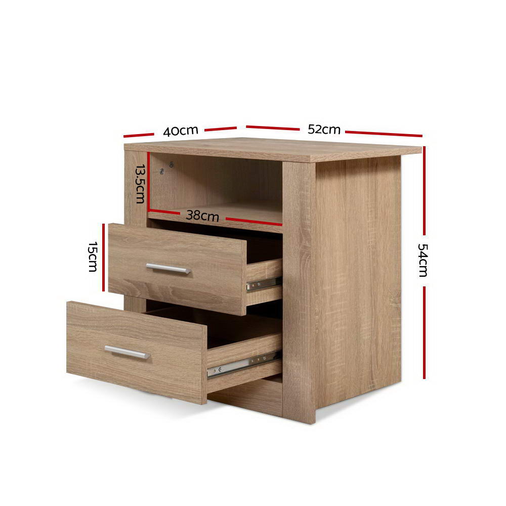 Bedside Table with Storage Shelf & Drawers - Oak - Homecoze