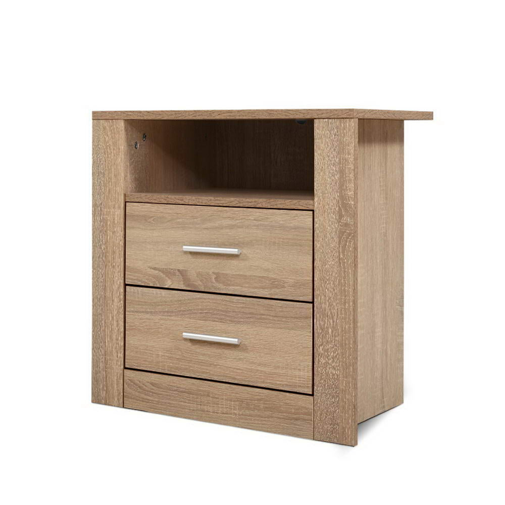 Bedside Table with Storage Shelf & Drawers - Oak - Homecoze