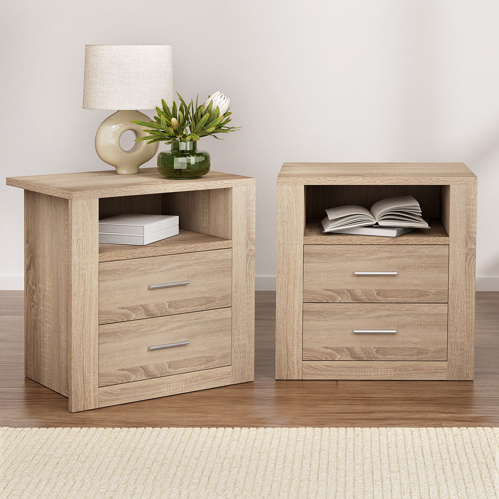 Artiss 2X Bedside Table 2 Drawers with Shelf - TARA Oak - Homecoze