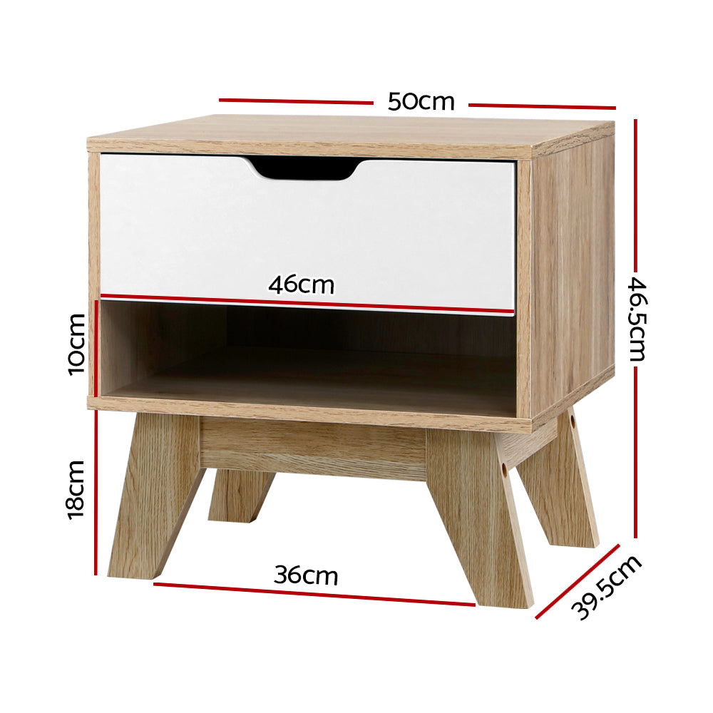 Scandinavian Inspired Bedside Table with Drawer & Shelf - Oak & White - Homecoze