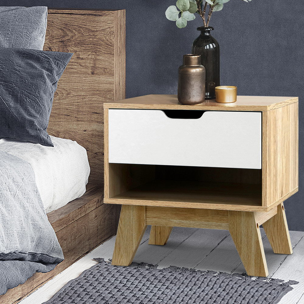 Scandinavian Inspired Bedside Table with Drawer & Shelf - Oak & White - Homecoze