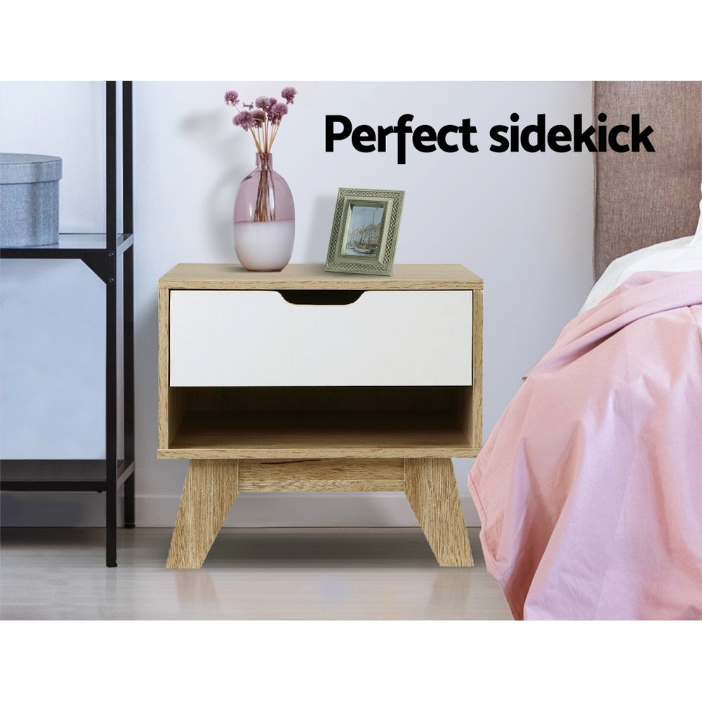 Scandinavian Inspired Bedside Table with Drawer & Shelf - Oak & White - Homecoze