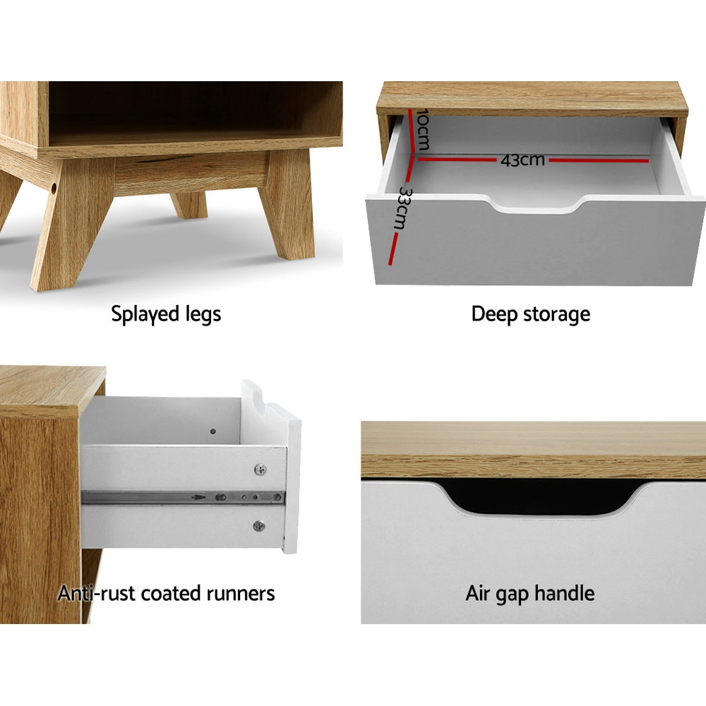 Scandinavian Inspired Bedside Table with Drawer & Shelf - Oak & White - Homecoze