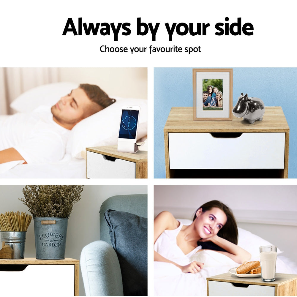 Scandinavian Inspired Bedside Table with Drawer & Shelf - Oak & White - Homecoze