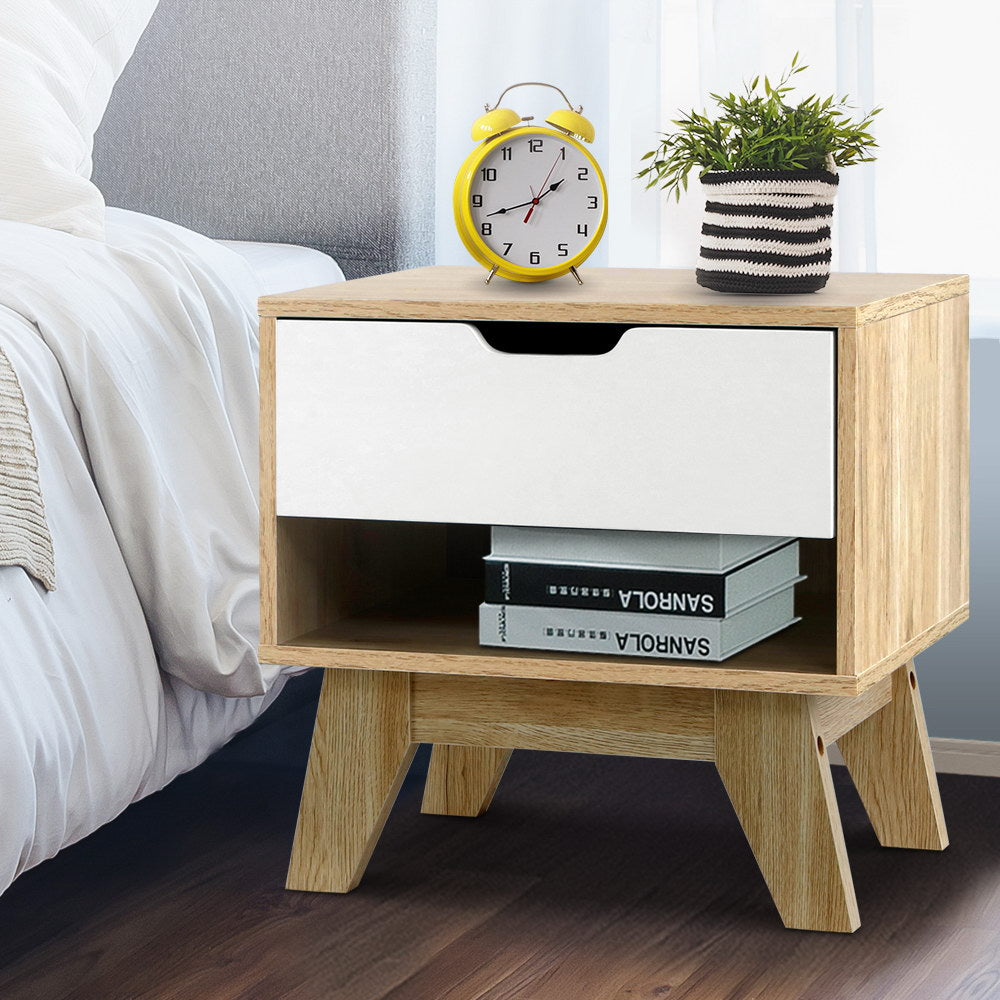 Scandinavian Inspired Bedside Table with Drawer & Shelf - Oak & White - Homecoze