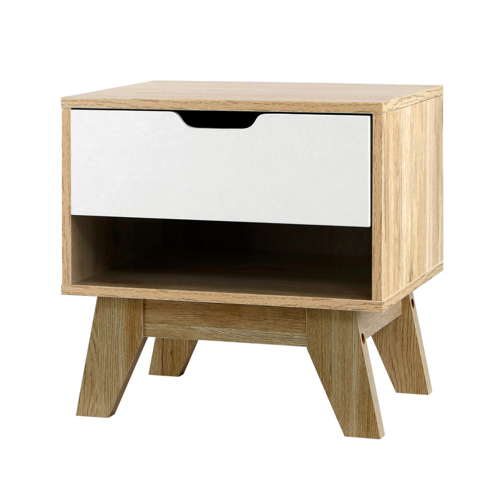 Scandinavian Inspired Bedside Table with Drawer & Shelf - Oak & White - Homecoze