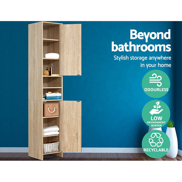 Bathroom & Laundry 185cm Tallboy Storage Cabinet with Adjustable Shelfs - Natural - Homecoze