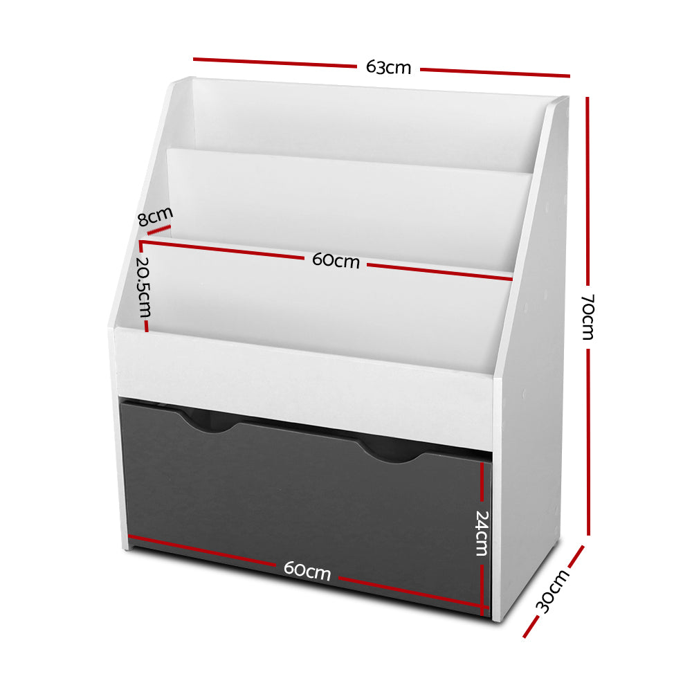 Kids 3 Tier Bookshelf with Large Storage Drawer - White - Homecoze