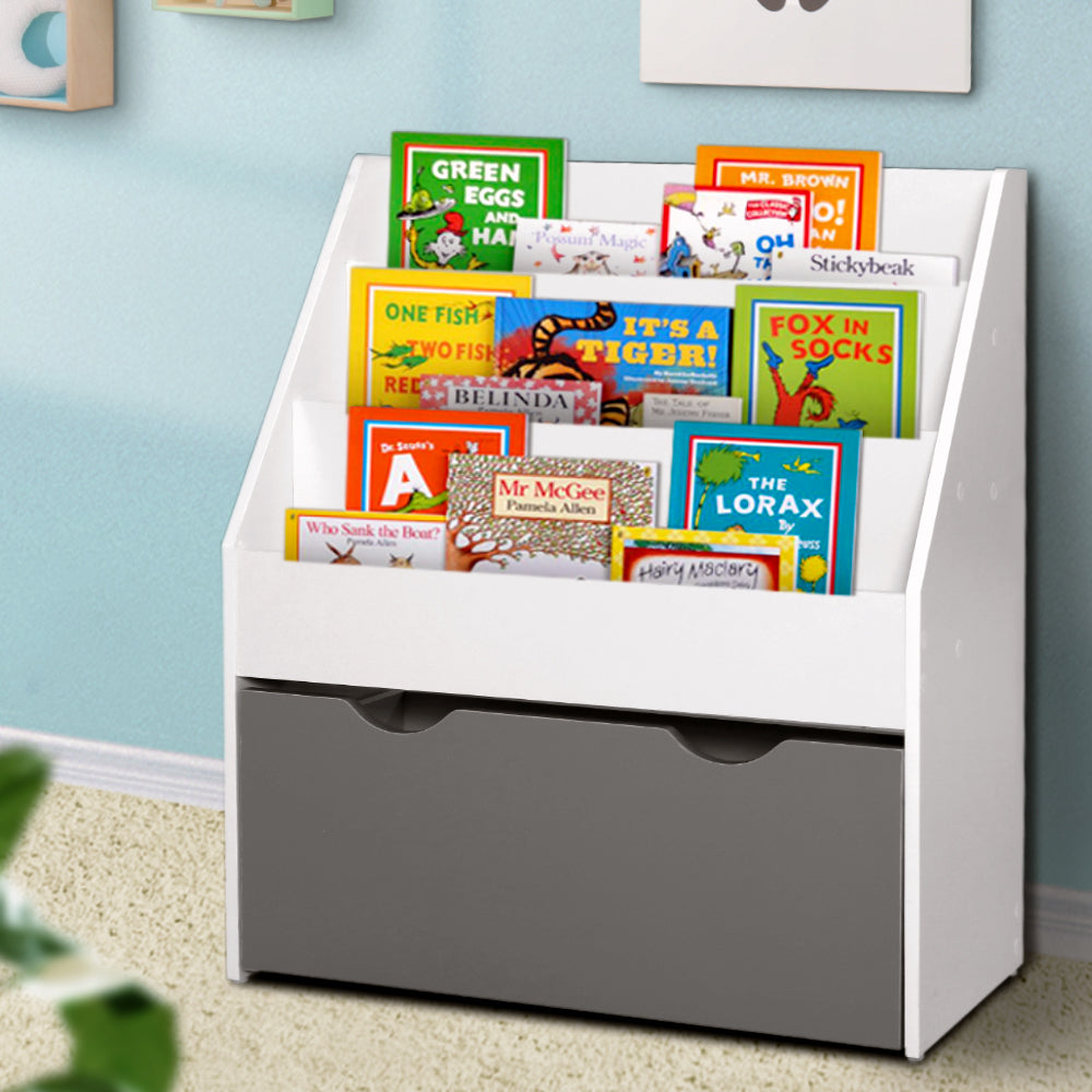 Kids 3 Tier Bookshelf with Large Storage Drawer - White - Homecoze