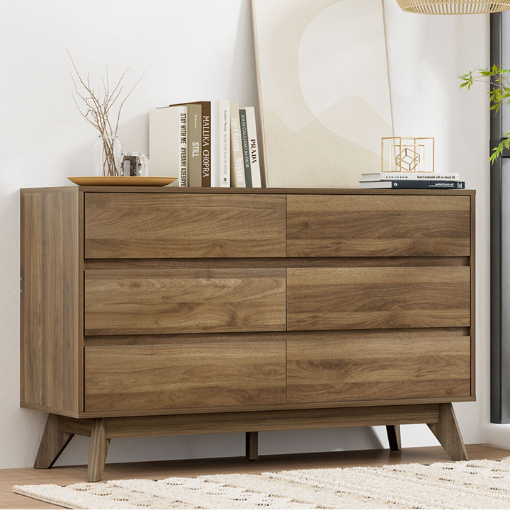 Modern Wood Grain Style 6 Drawer Lowboy Chest of Drawers - Homecoze