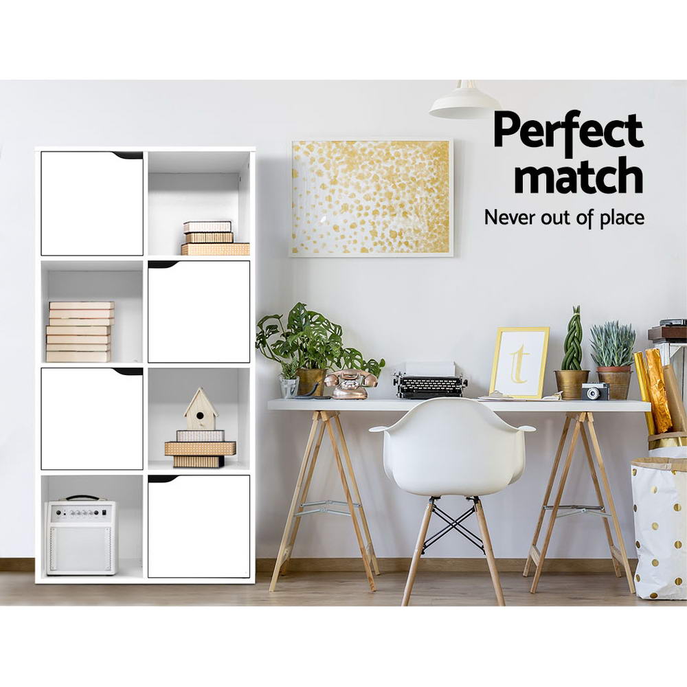 Cube Display Shelf Storage Cabinet with 4 Soft Close Doors - White - Homecoze