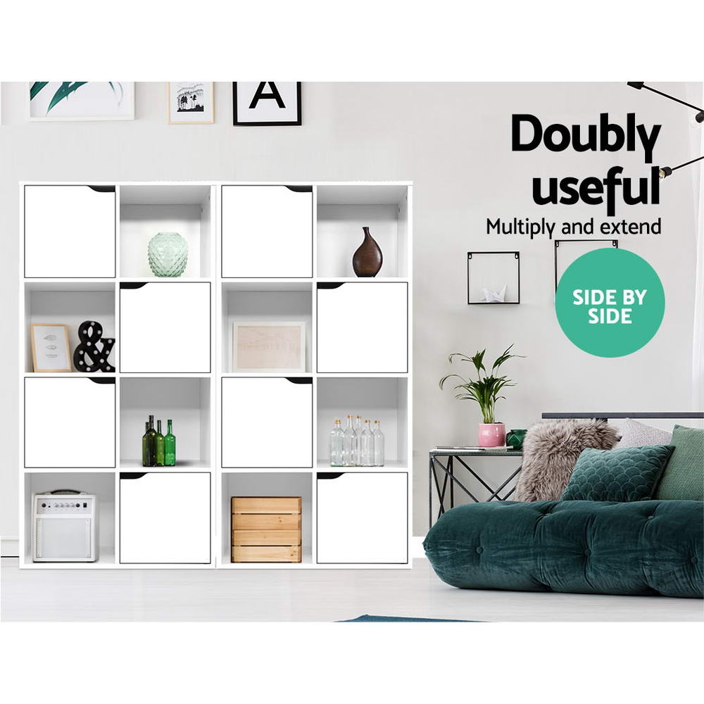 Cube Display Shelf Storage Cabinet with 4 Soft Close Doors - White - Homecoze